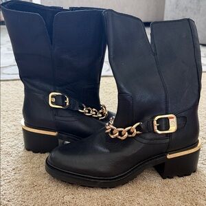 Vince Camuto Black Leather Moto Boots with Gold Chain
